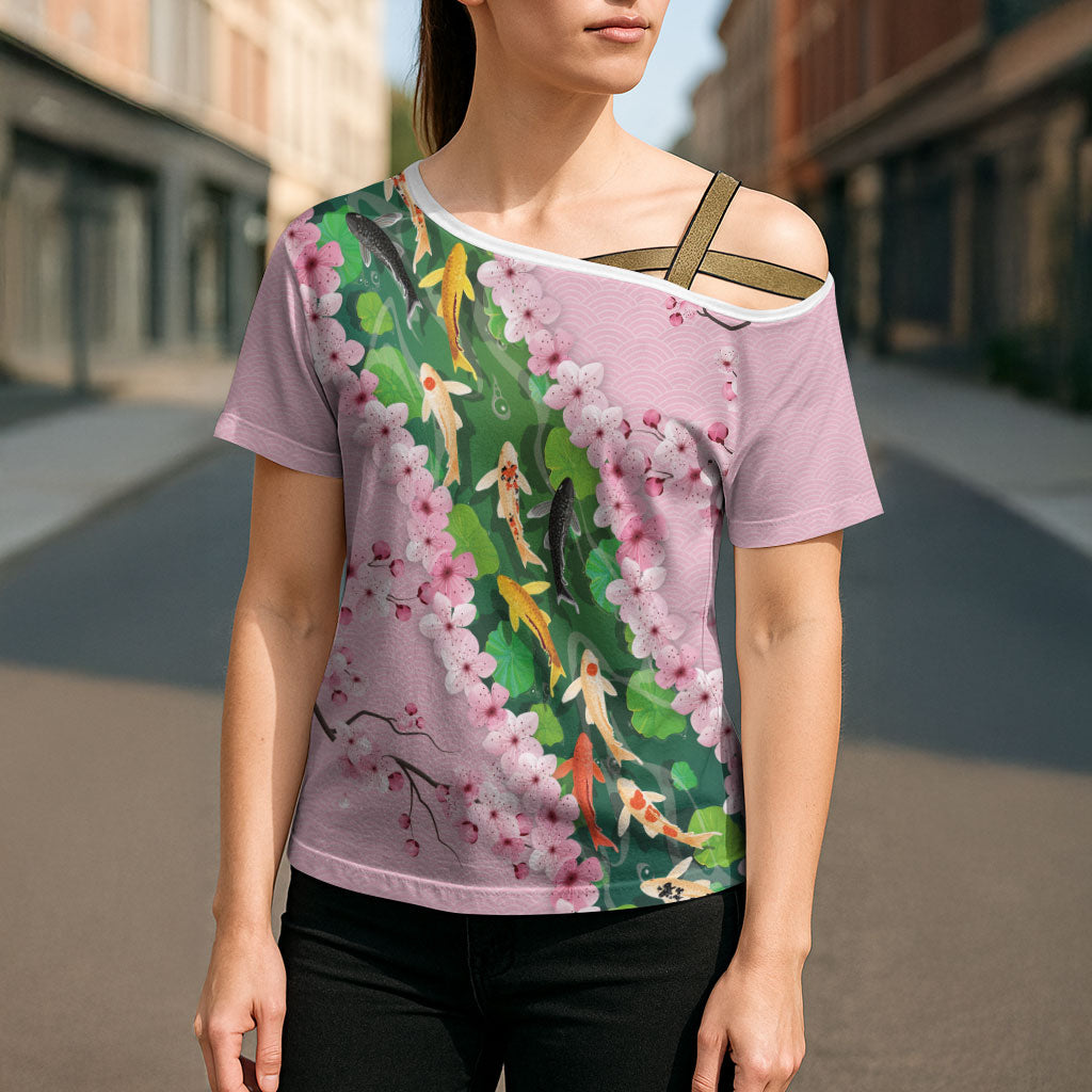Koi Fish Sakura Japan Cross Shoulder Shirt Eternal Flow Cherry Blossom Seigaiha Pattern