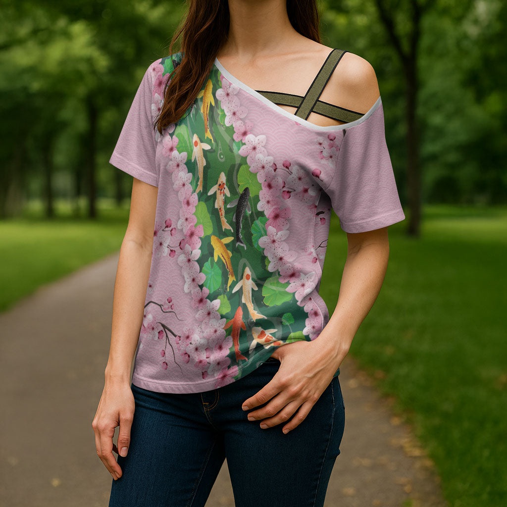 Koi Fish Sakura Japan Cross Shoulder Shirt Eternal Flow Cherry Blossom Seigaiha Pattern