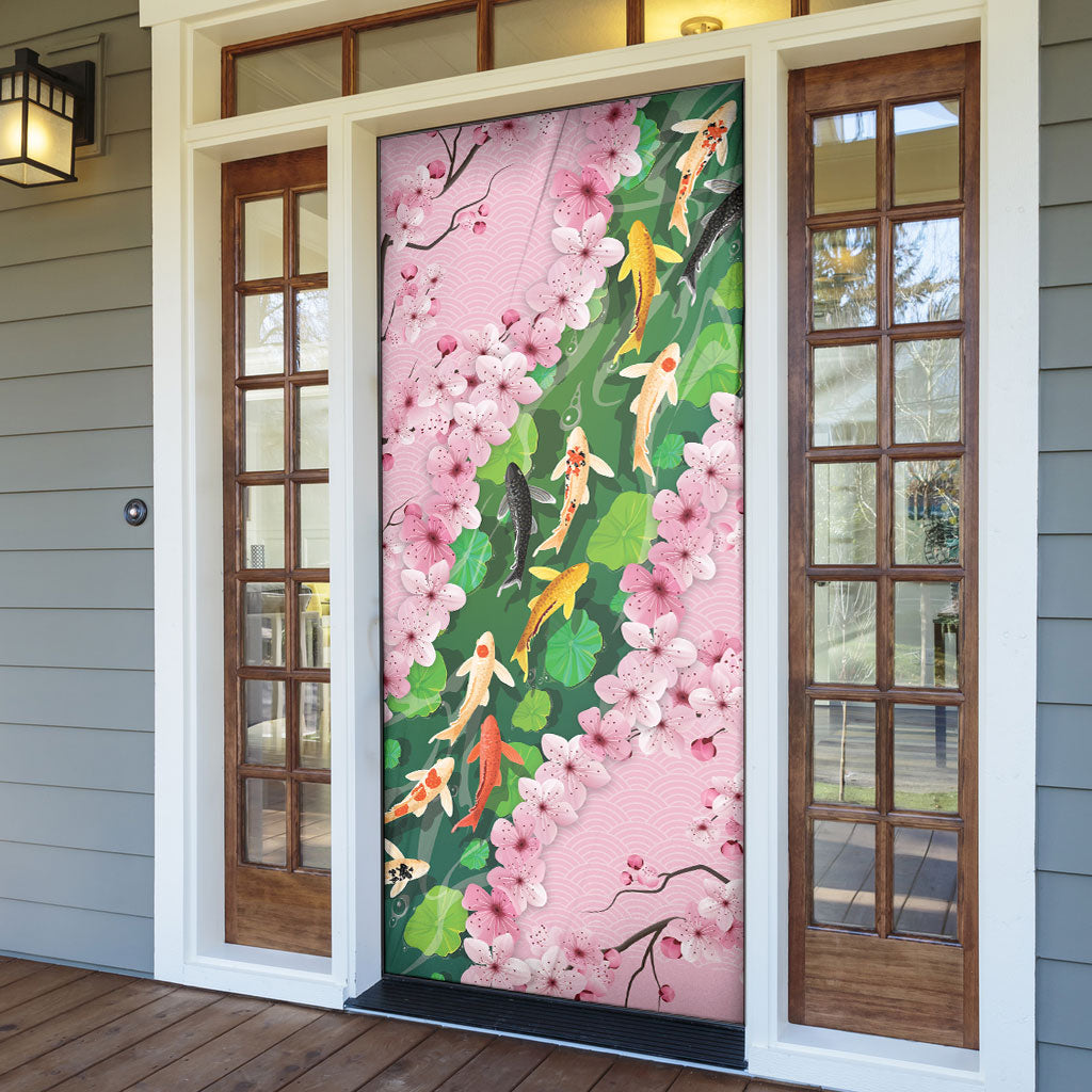 Koi Fish Sakura Japan Door Cover Eternal Flow Cherry Blossom Seigaiha Pattern