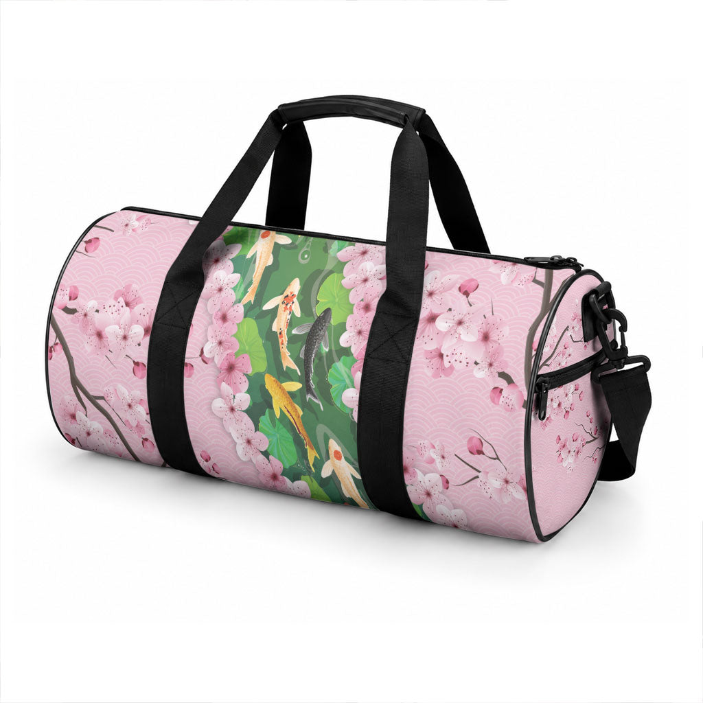 Koi Fish Sakura Japan Duffle Bag Eternal Flow Cherry Blossom Seigaiha Pattern