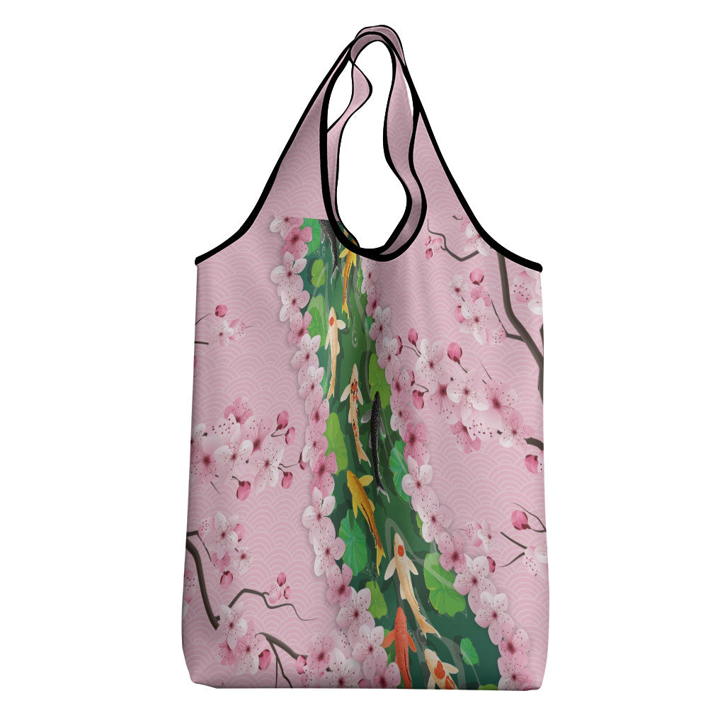 Koi Fish Sakura Japan Grocery Bag Eternal Flow Cherry Blossom Seigaiha Pattern