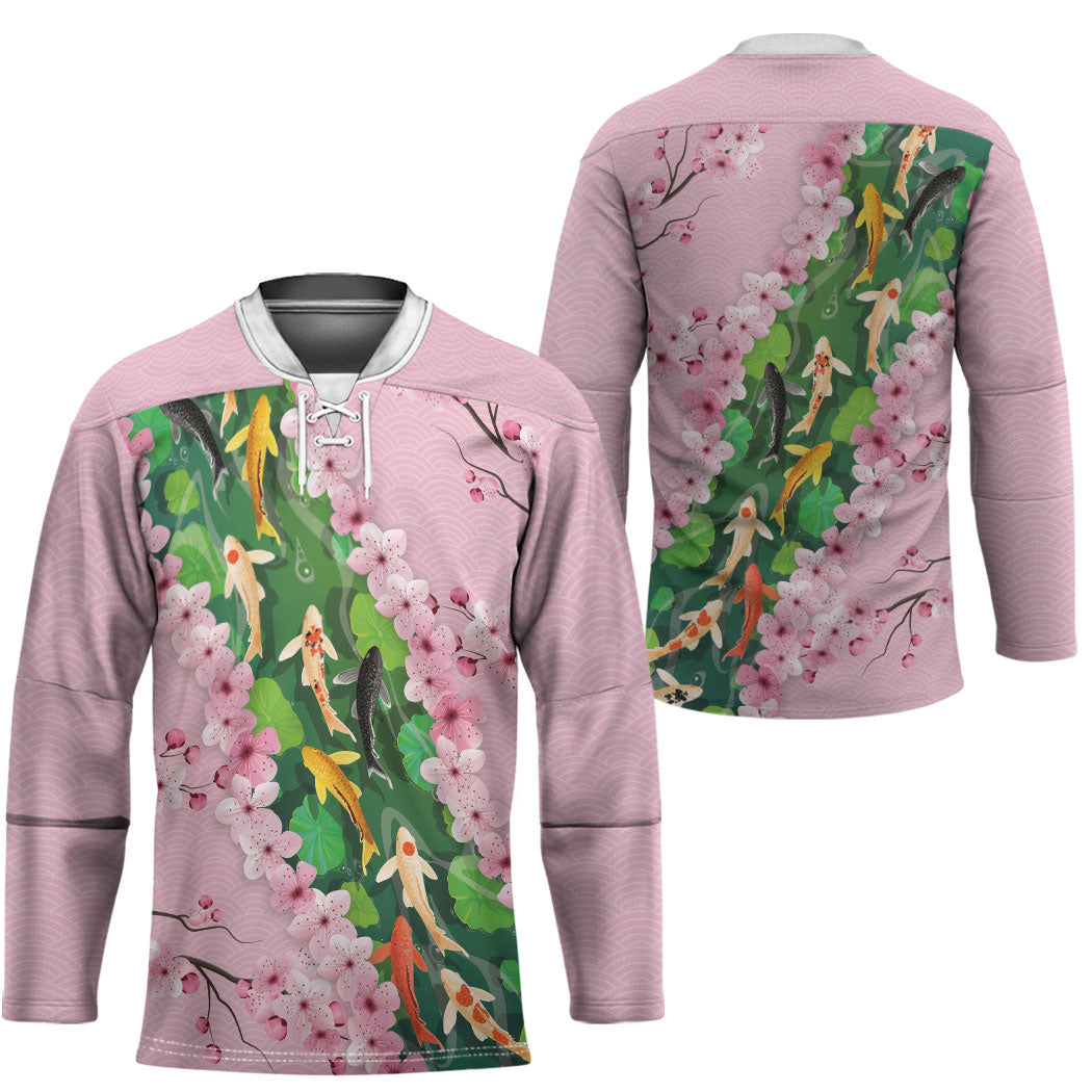Koi Fish Sakura Japan Hockey Jersey Eternal Flow Cherry Blossom Seigaiha Pattern