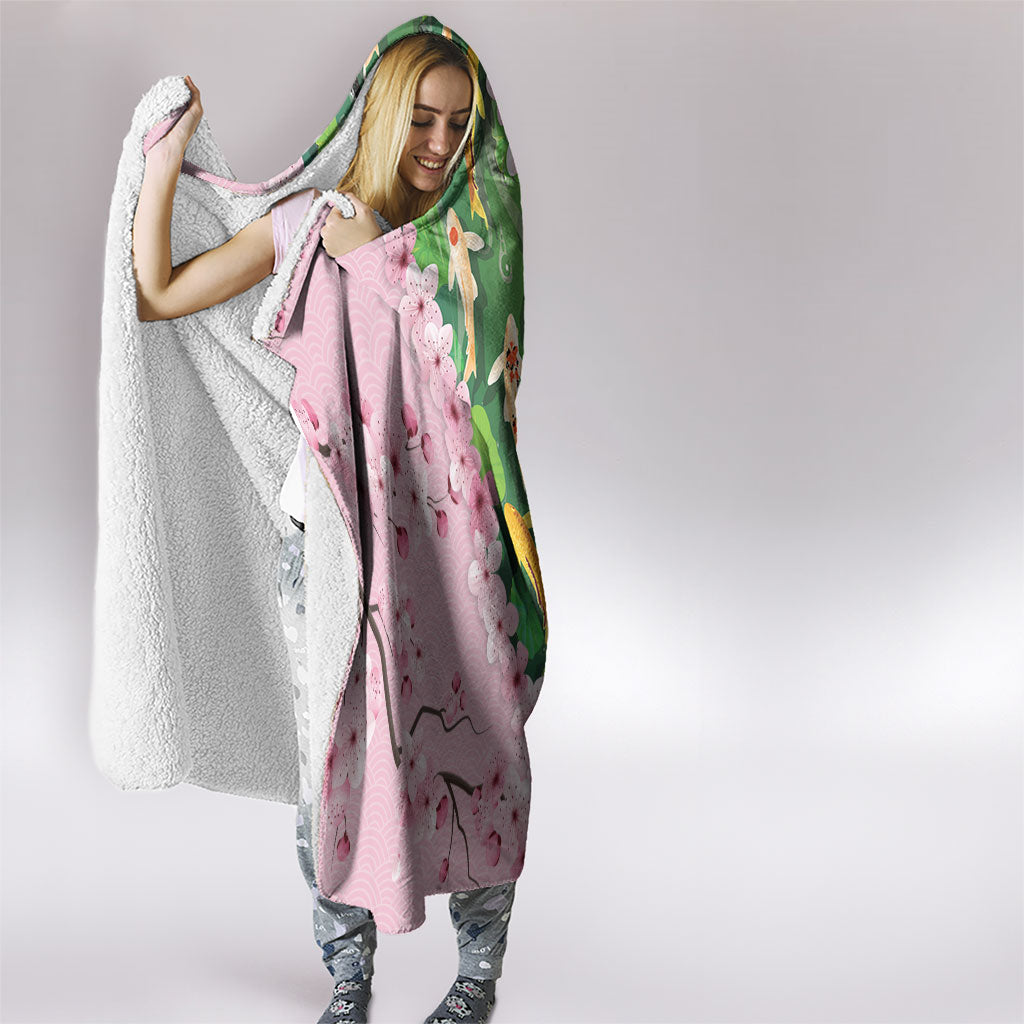 Koi Fish Sakura Japan Hooded Blanket Eternal Flow Cherry Blossom Seigaiha Pattern