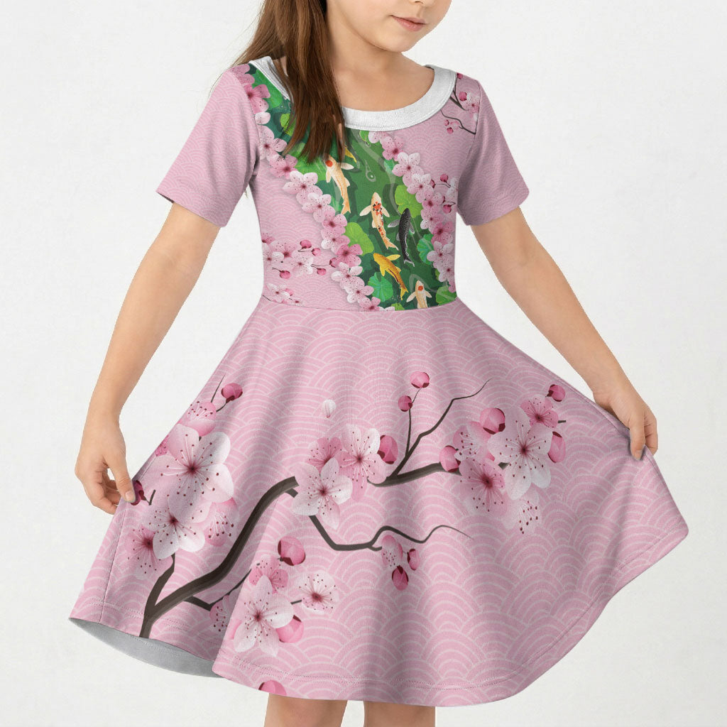 Koi Fish Sakura Japan Kid Short Sleeve Dress Eternal Flow Cherry Blossom Seigaiha Pattern