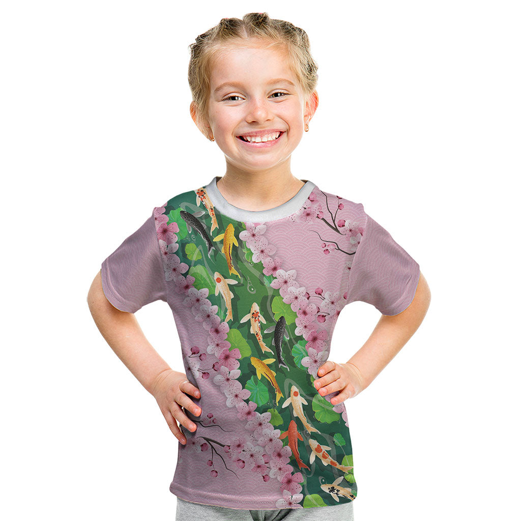 Koi Fish Sakura Japan Kid T Shirt Eternal Flow Cherry Blossom Seigaiha Pattern