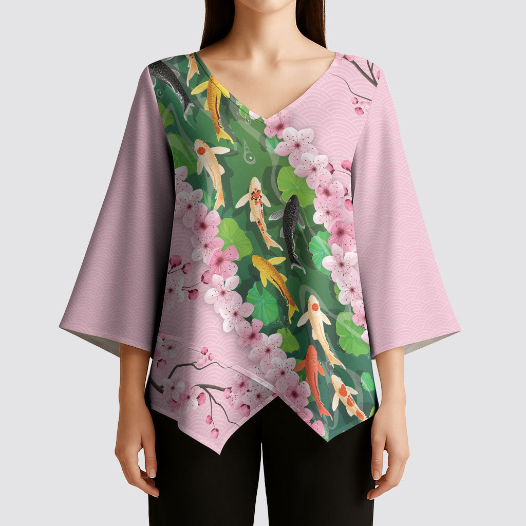 Koi Fish Sakura Japan Kimono Sleeve Blouse Eternal Flow Cherry Blossom Seigaiha Pattern