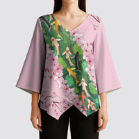 Koi Fish Sakura Japan Kimono Sleeve Blouse Eternal Flow Cherry Blossom Seigaiha Pattern