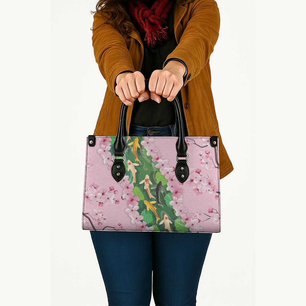 Koi Fish Sakura Japan Leather Bag Eternal Flow Cherry Blossom Seigaiha Pattern