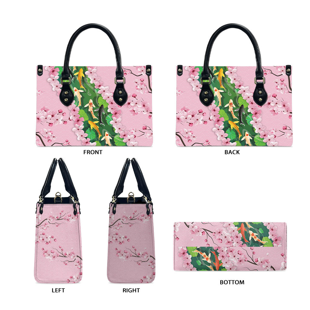 Koi Fish Sakura Japan Leather Bag Eternal Flow Cherry Blossom Seigaiha Pattern