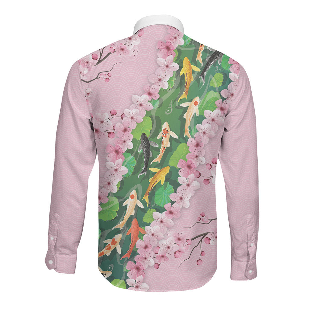 Koi Fish Sakura Japan Long Sleeve Button Shirt Eternal Flow Cherry Blossom Seigaiha Pattern