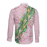 Koi Fish Sakura Japan Long Sleeve Button Shirt Eternal Flow Cherry Blossom Seigaiha Pattern