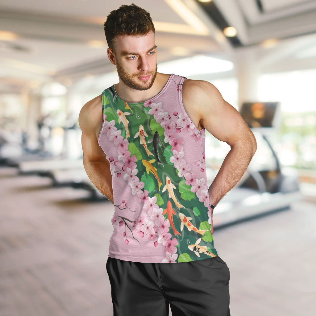 Koi Fish Sakura Japan Men Tank Top Eternal Flow Cherry Blossom Seigaiha Pattern