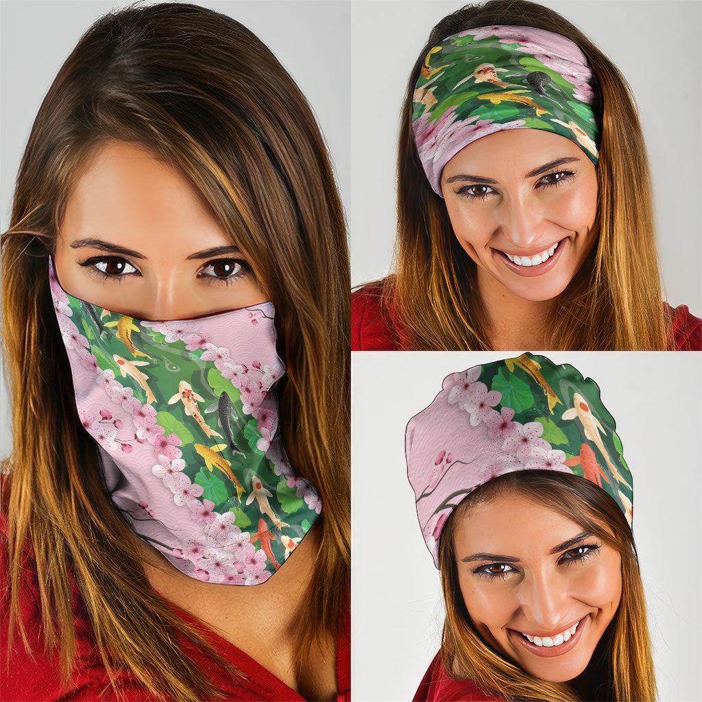 Koi Fish Sakura Japan Neck Gaiter Eternal Flow Cherry Blossom Seigaiha Pattern