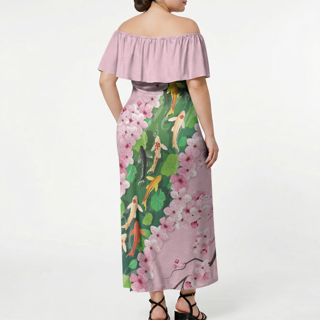 Koi Fish Sakura Japan Off Shoulder Maxi Dress Eternal Flow Cherry Blossom Seigaiha Pattern