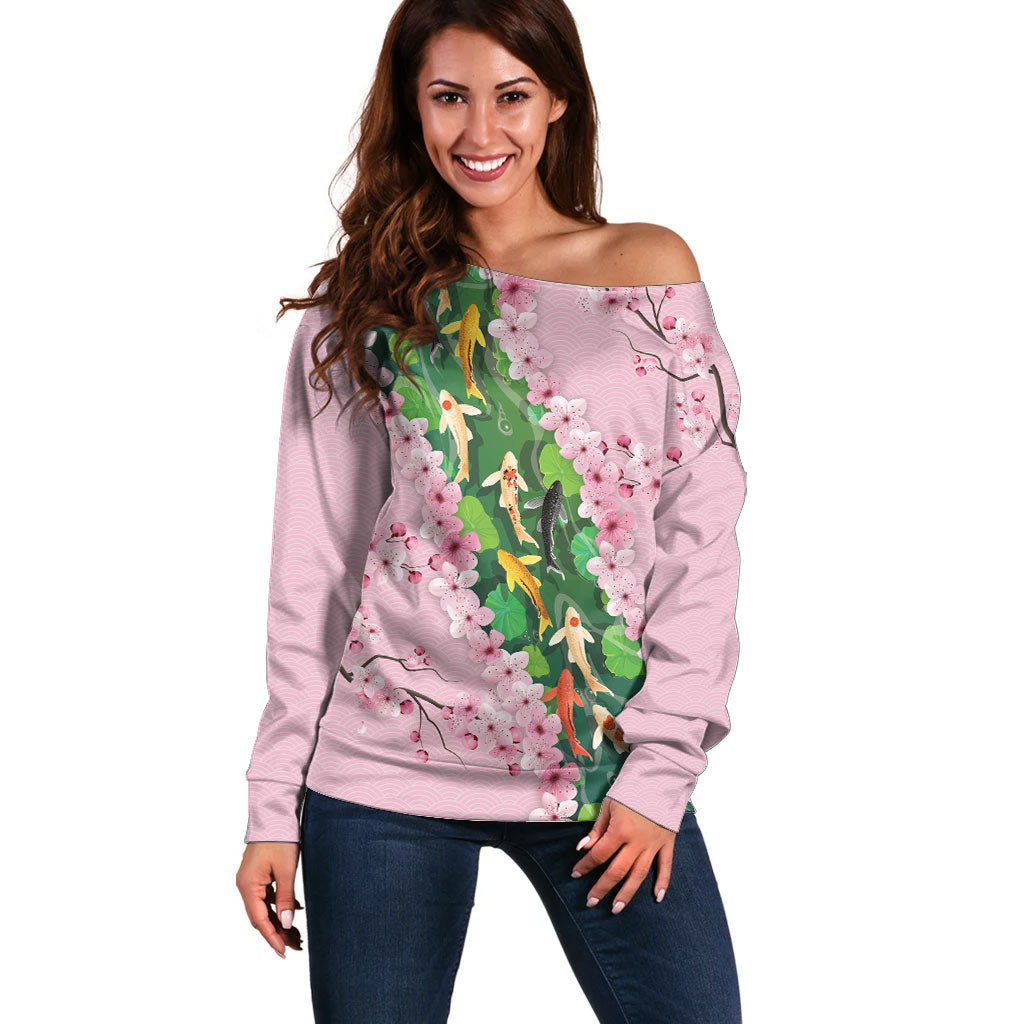 Koi Fish Sakura Japan Off Shoulder Sweater Eternal Flow Cherry Blossom Seigaiha Pattern