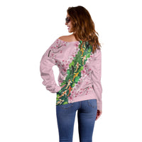 Koi Fish Sakura Japan Off Shoulder Sweater Eternal Flow Cherry Blossom Seigaiha Pattern