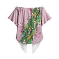 Koi Fish Sakura Japan Off Shoulder Wrap Waist Top Eternal Flow Cherry Blossom Seigaiha Pattern