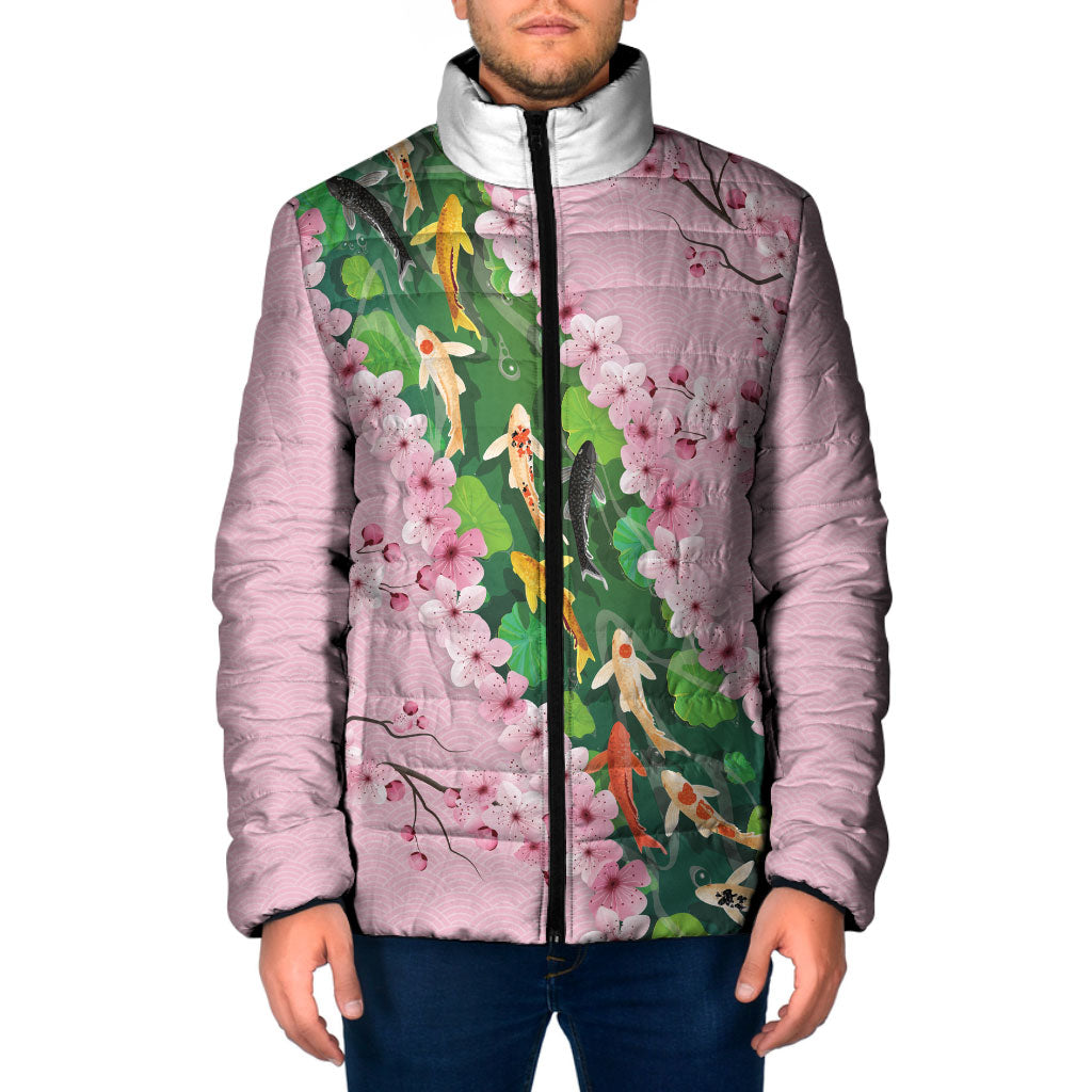 Koi Fish Sakura Japan Padded Jacket Eternal Flow Cherry Blossom Seigaiha Pattern