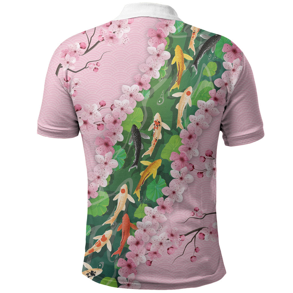 Koi Fish Sakura Japan Polo Shirt Eternal Flow Cherry Blossom Seigaiha Pattern