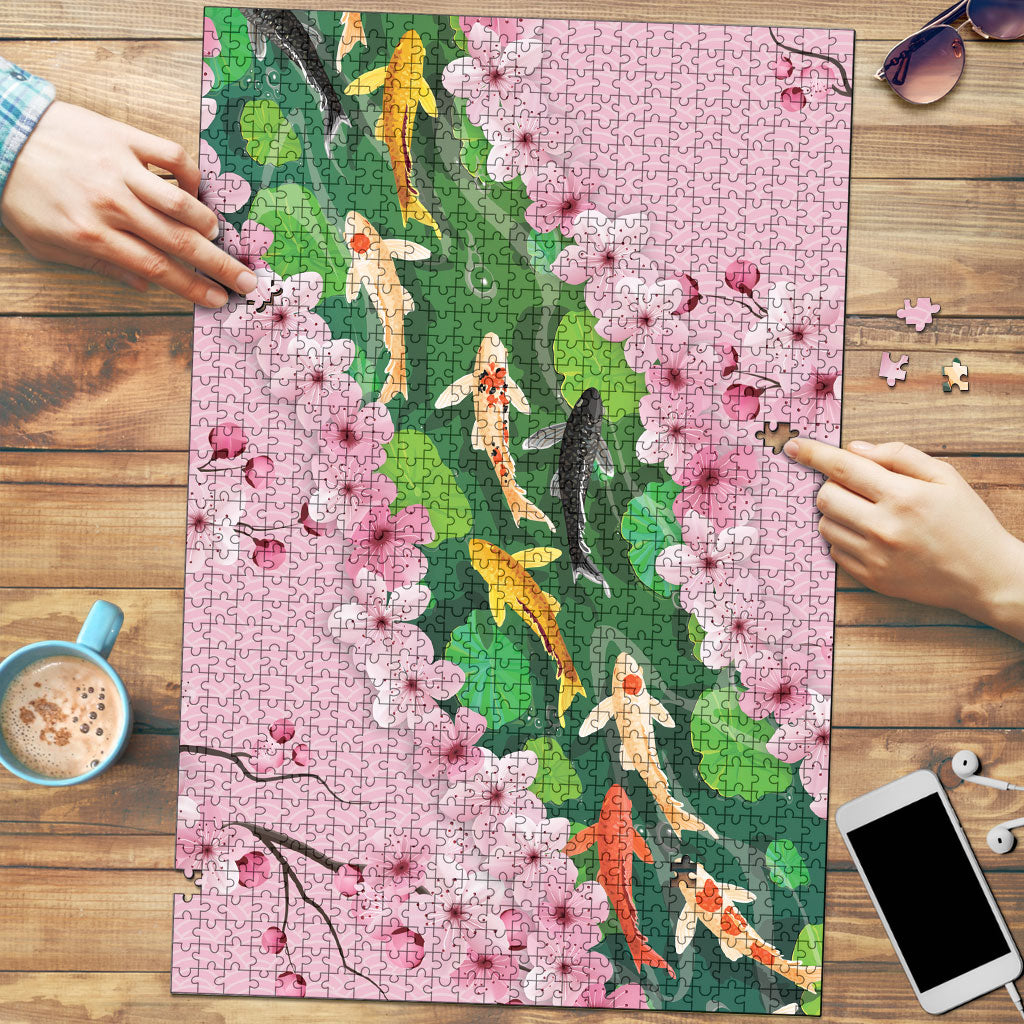 Koi Fish Sakura Japan Puzzle Eternal Flow Cherry Blossom Seigaiha Pattern