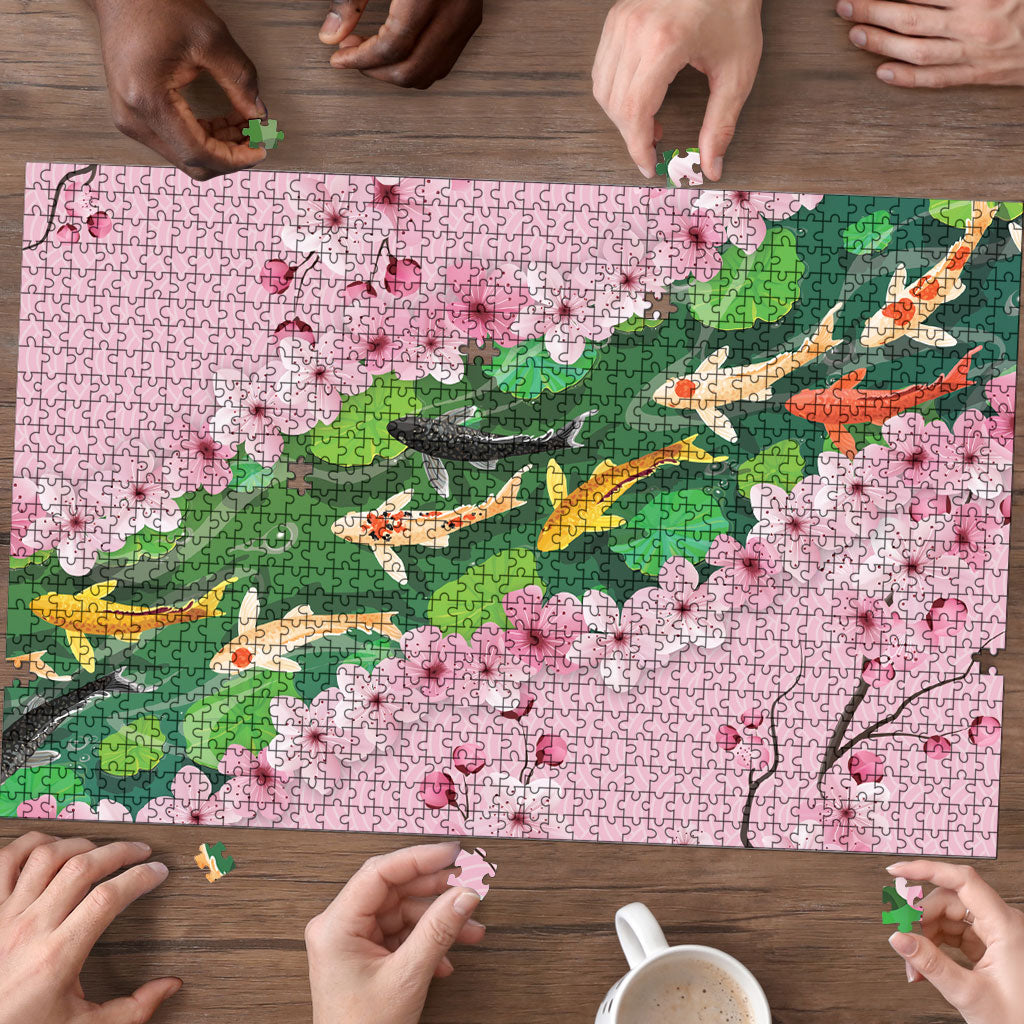 Koi Fish Sakura Japan Puzzle Eternal Flow Cherry Blossom Seigaiha Pattern