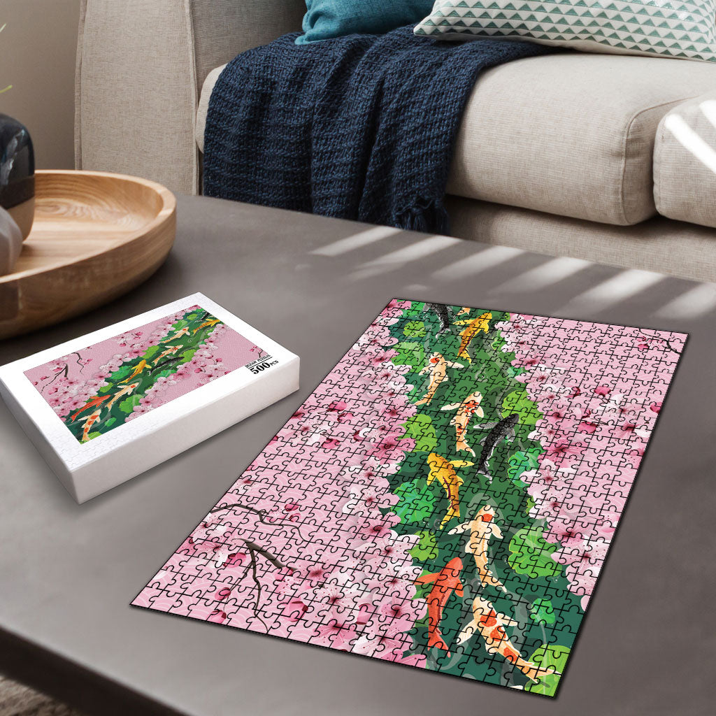 Koi Fish Sakura Japan Puzzle Eternal Flow Cherry Blossom Seigaiha Pattern