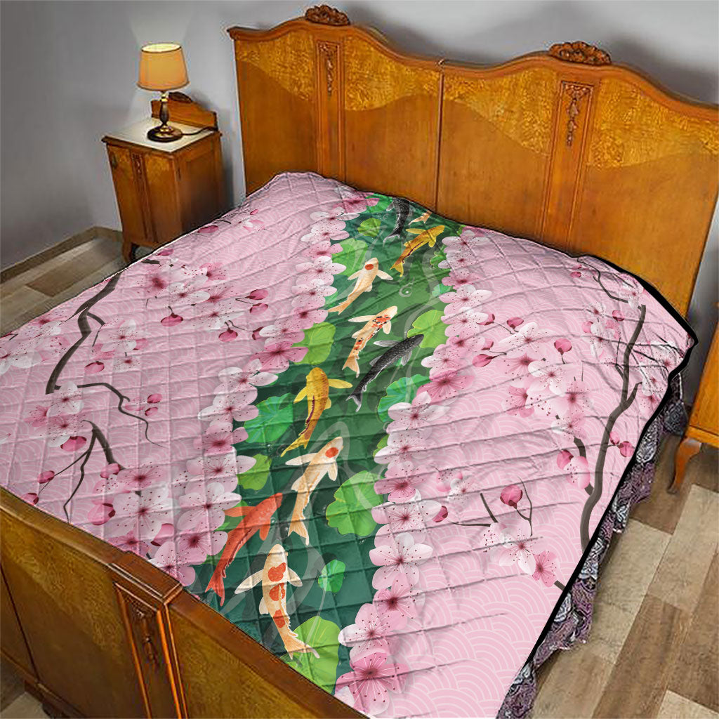 Koi Fish Sakura Japan Quilt Eternal Flow Cherry Blossom Seigaiha Pattern