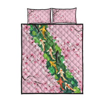 Koi Fish Sakura Japan Quilt Bed Set Eternal Flow Cherry Blossom Seigaiha Pattern