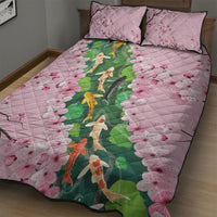 Koi Fish Sakura Japan Quilt Bed Set Eternal Flow Cherry Blossom Seigaiha Pattern