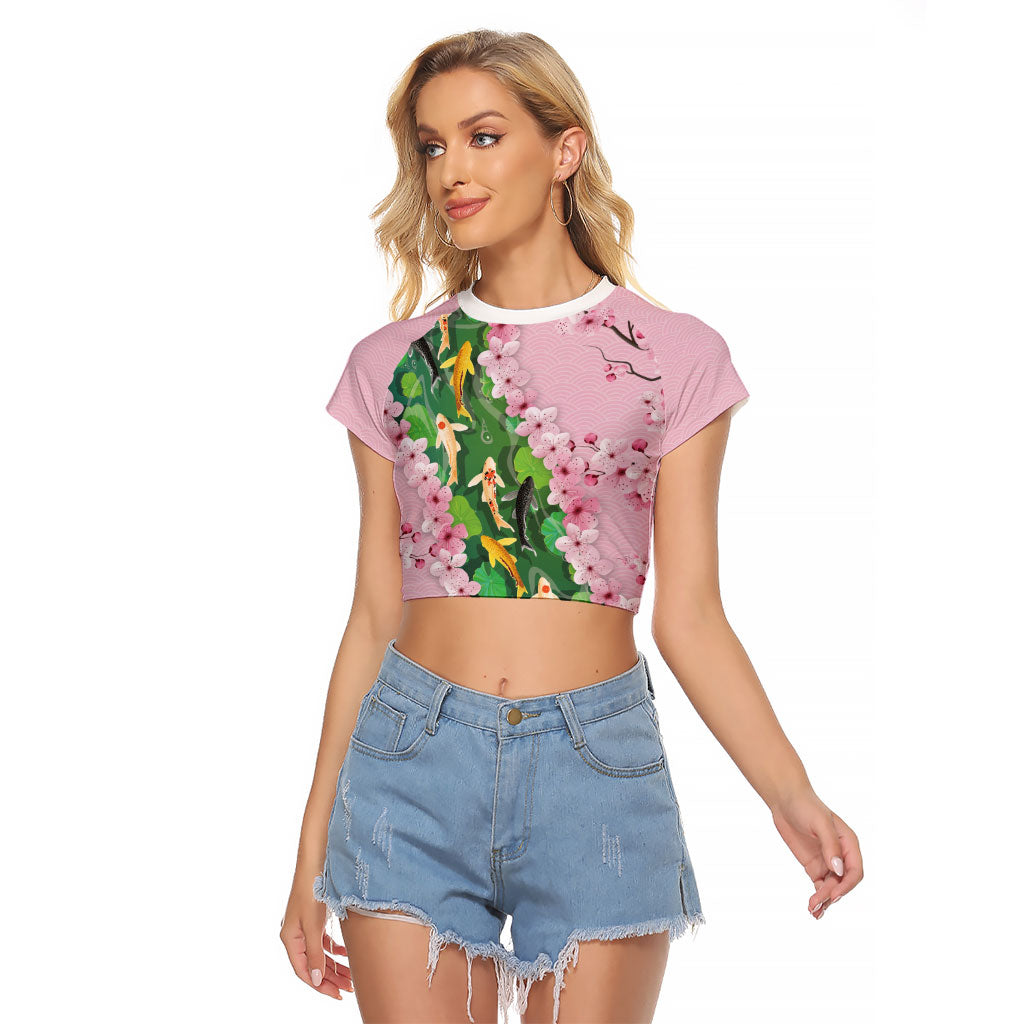 Koi Fish Sakura Japan Raglan Cropped T Shirt Eternal Flow Cherry Blossom Seigaiha Pattern