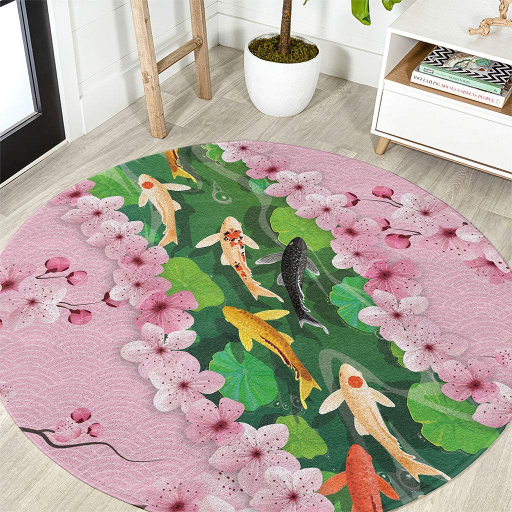 Koi Fish Sakura Japan Round Carpet Eternal Flow Cherry Blossom Seigaiha Pattern