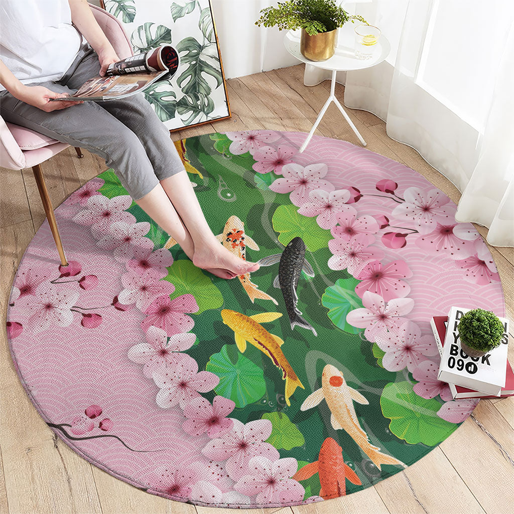 Koi Fish Sakura Japan Round Carpet Eternal Flow Cherry Blossom Seigaiha Pattern