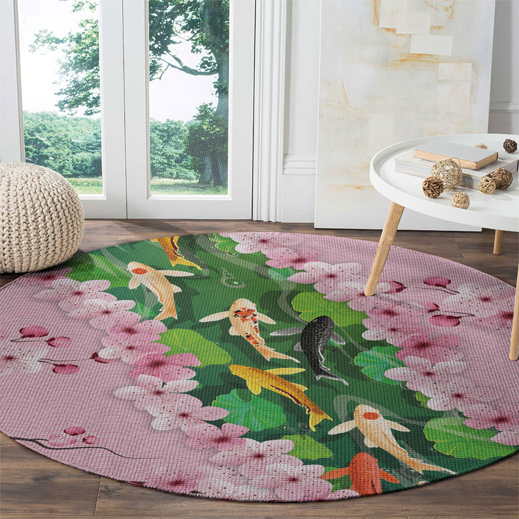 Koi Fish Sakura Japan Round Carpet Eternal Flow Cherry Blossom Seigaiha Pattern