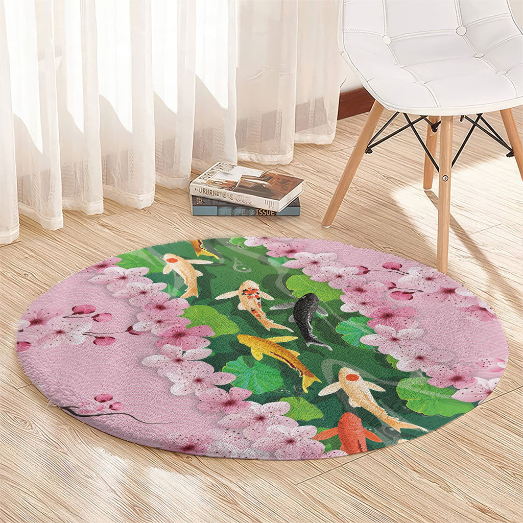 Koi Fish Sakura Japan Round Carpet Eternal Flow Cherry Blossom Seigaiha Pattern