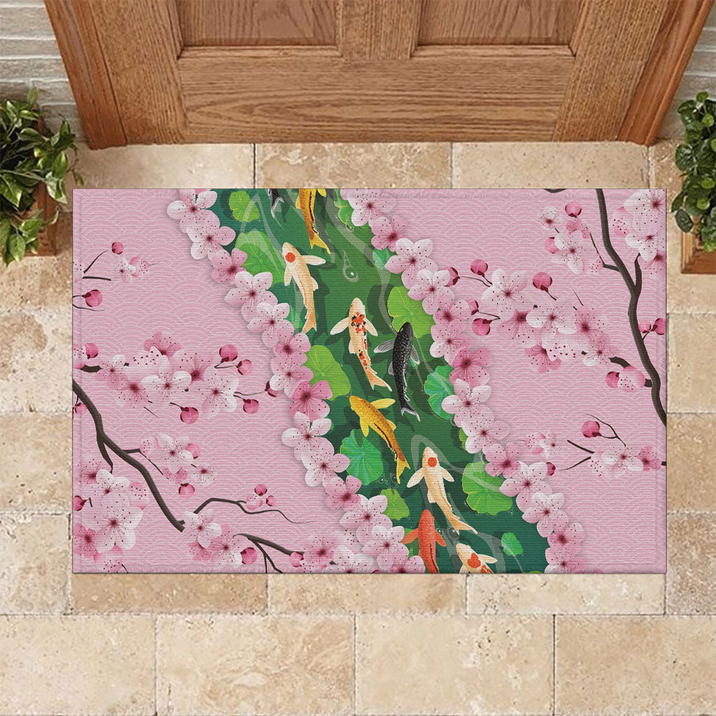 Koi Fish Sakura Japan Rubber Doormat Eternal Flow Cherry Blossom Seigaiha Pattern