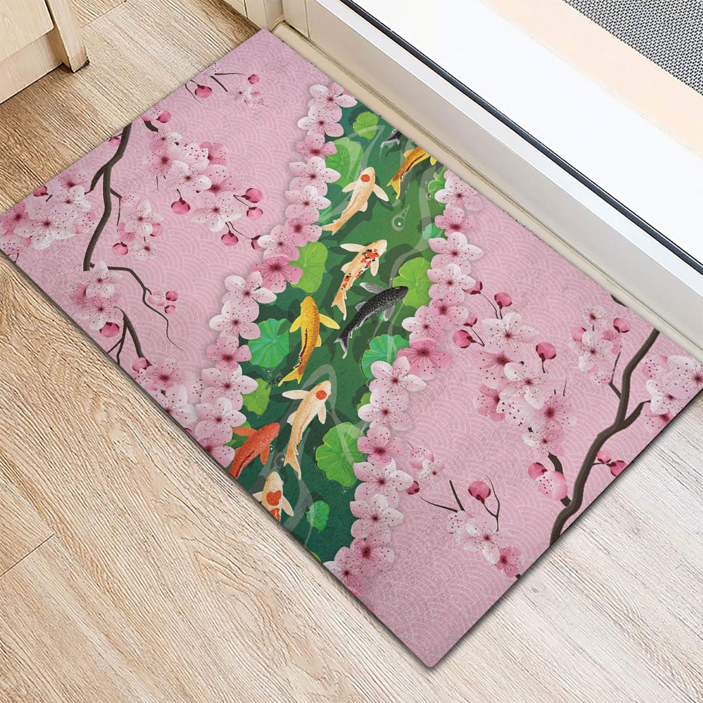 Koi Fish Sakura Japan Rubber Doormat Eternal Flow Cherry Blossom Seigaiha Pattern