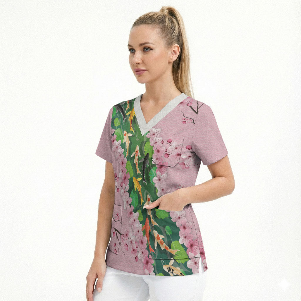 Koi Fish Sakura Japan Scrub Top Eternal Flow Cherry Blossom Seigaiha Pattern