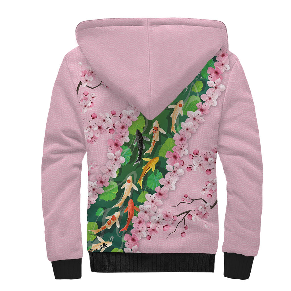 Koi Fish Sakura Japan Sherpa Hoodie Eternal Flow Cherry Blossom Seigaiha Pattern