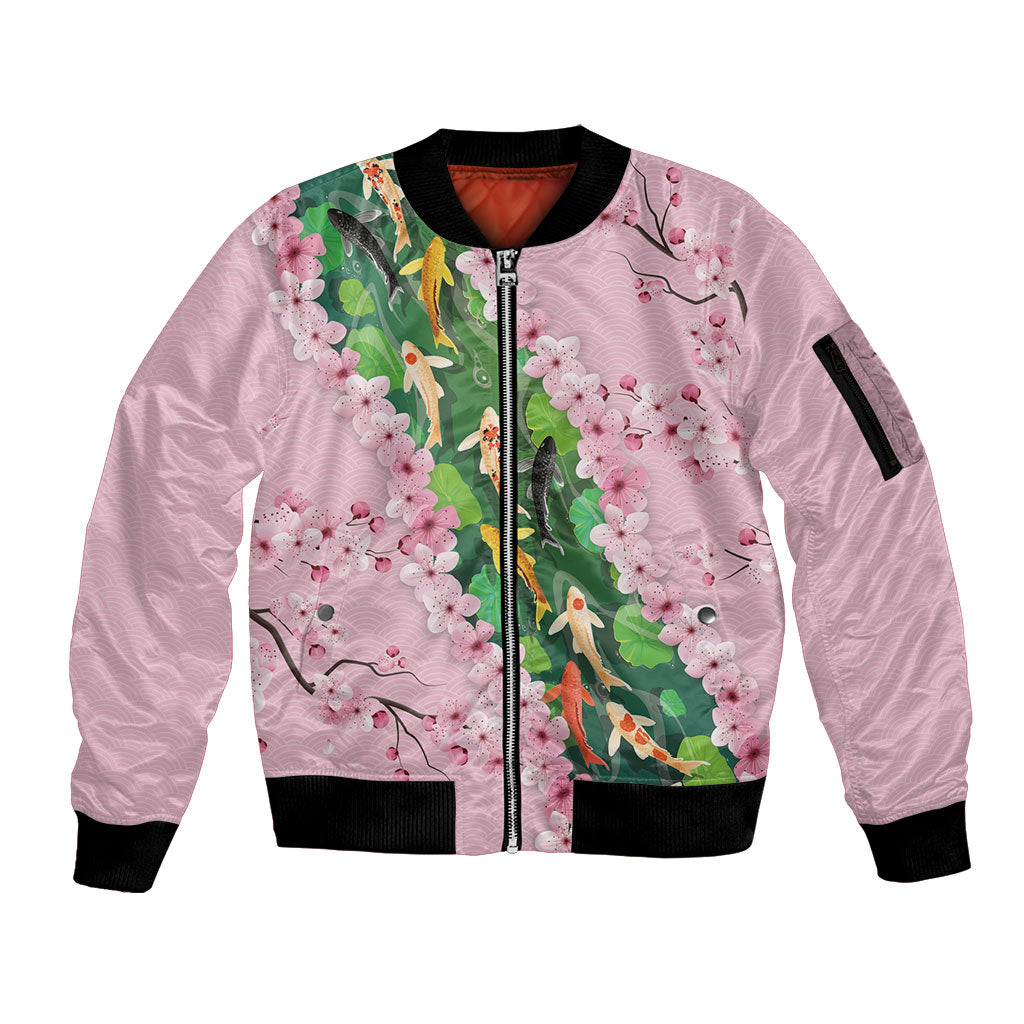 Koi Fish Sakura Japan Sleeve Zip Bomber Jacket Eternal Flow Cherry Blossom Seigaiha Pattern