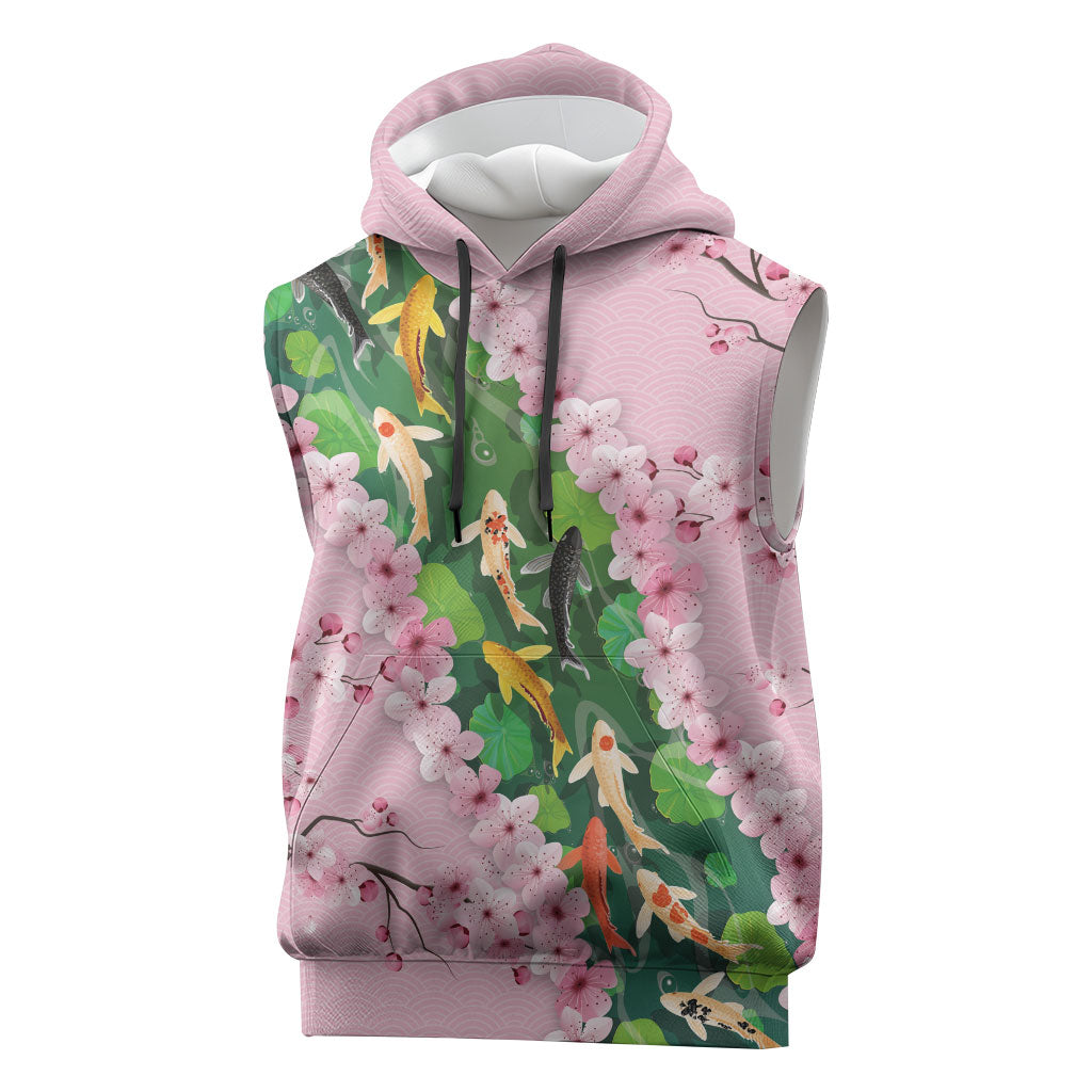 Koi Fish Sakura Japan Sleeveless Hoodie Eternal Flow Cherry Blossom Seigaiha Pattern