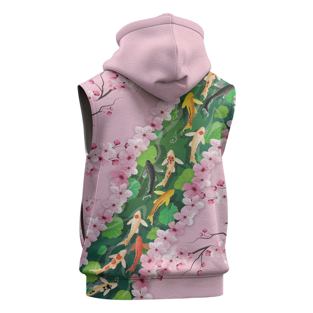 Koi Fish Sakura Japan Sleeveless Hoodie Eternal Flow Cherry Blossom Seigaiha Pattern