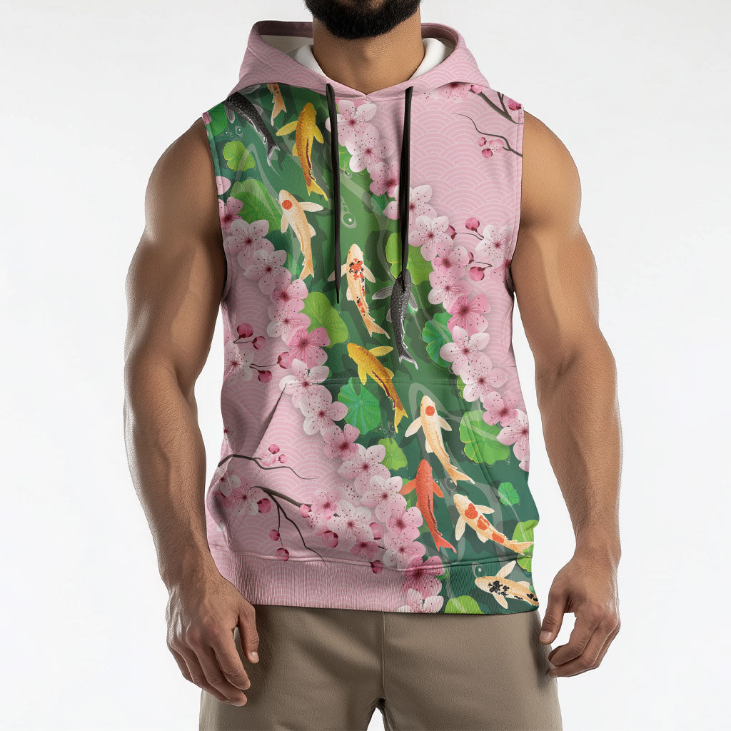 Koi Fish Sakura Japan Sleeveless Hoodie Eternal Flow Cherry Blossom Seigaiha Pattern