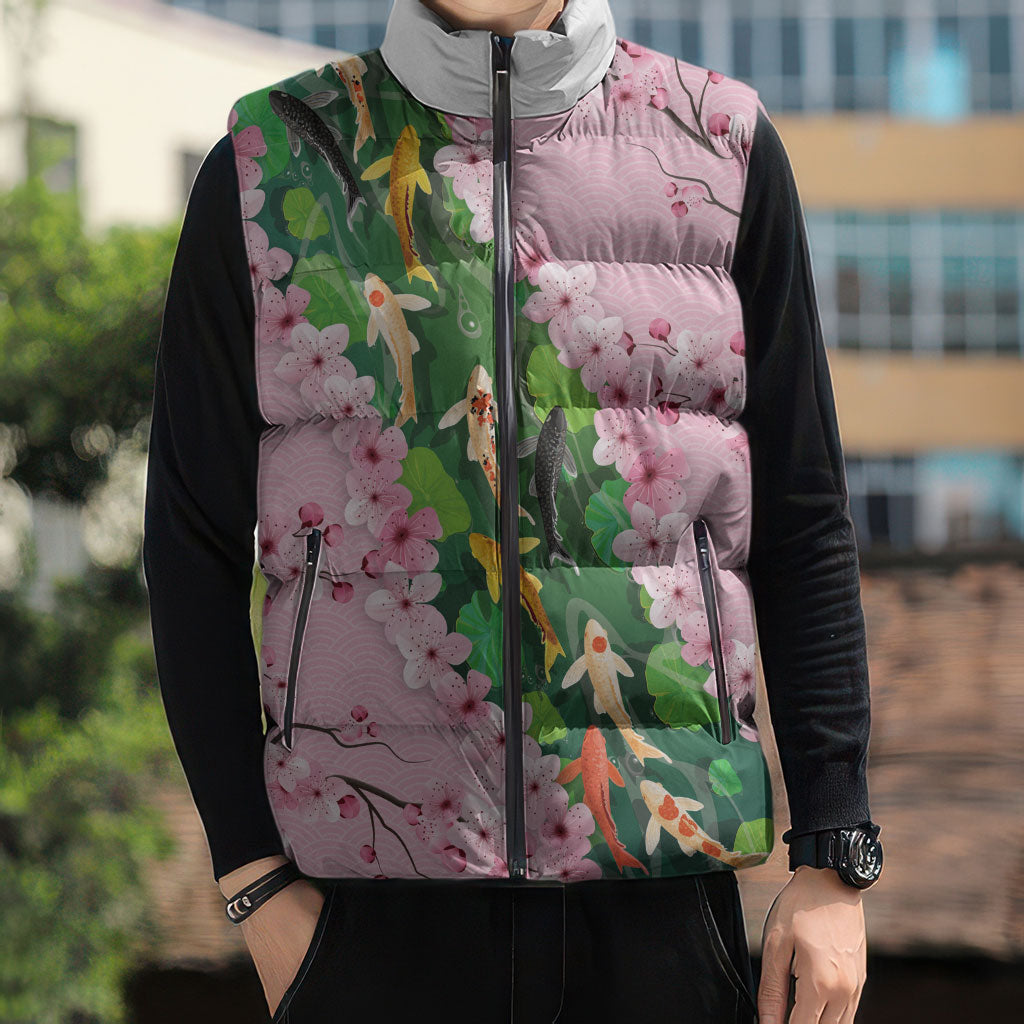 Koi Fish Sakura Japan Sleeveless Puffer Jacket Eternal Flow Cherry Blossom Seigaiha Pattern