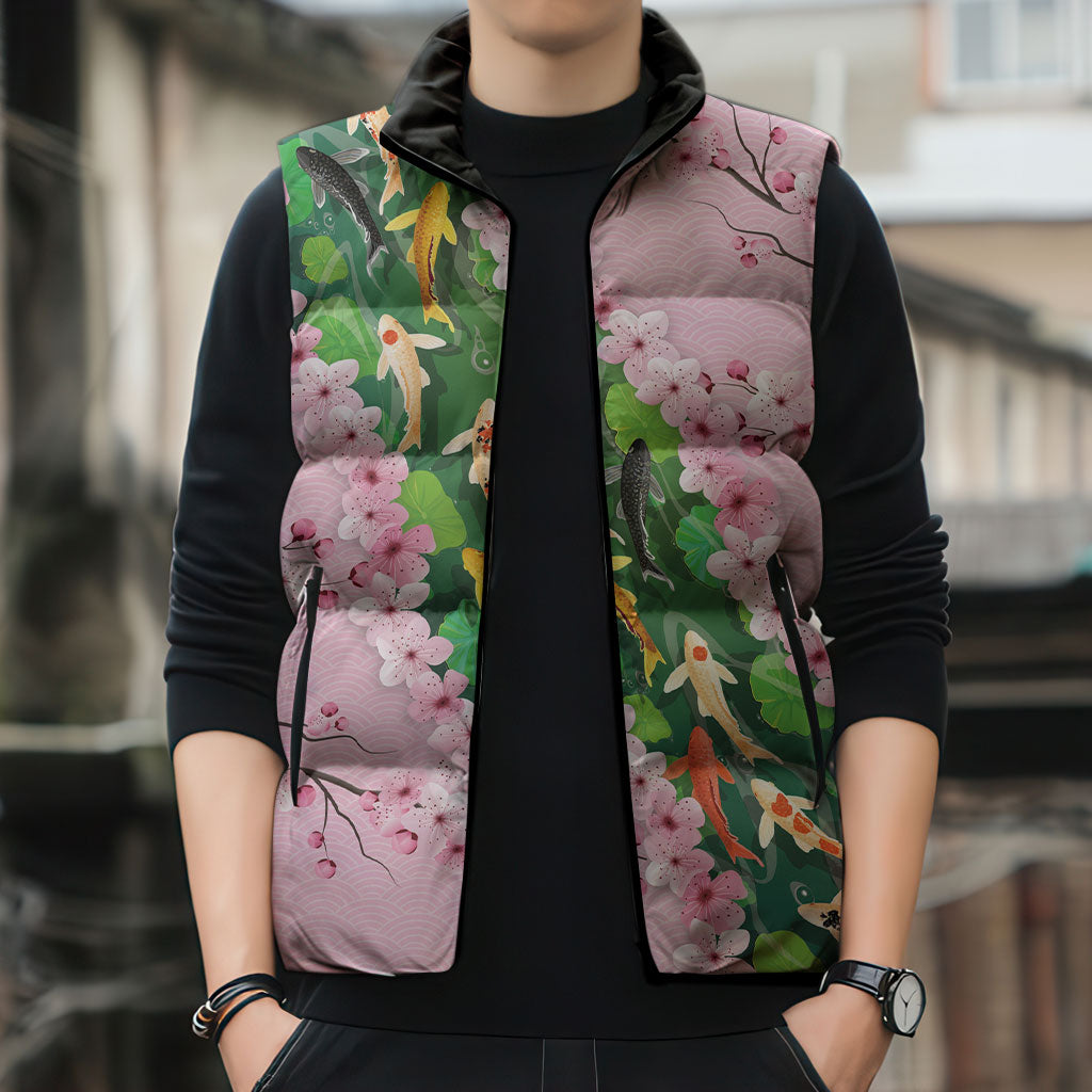 Koi Fish Sakura Japan Sleeveless Puffer Jacket Eternal Flow Cherry Blossom Seigaiha Pattern