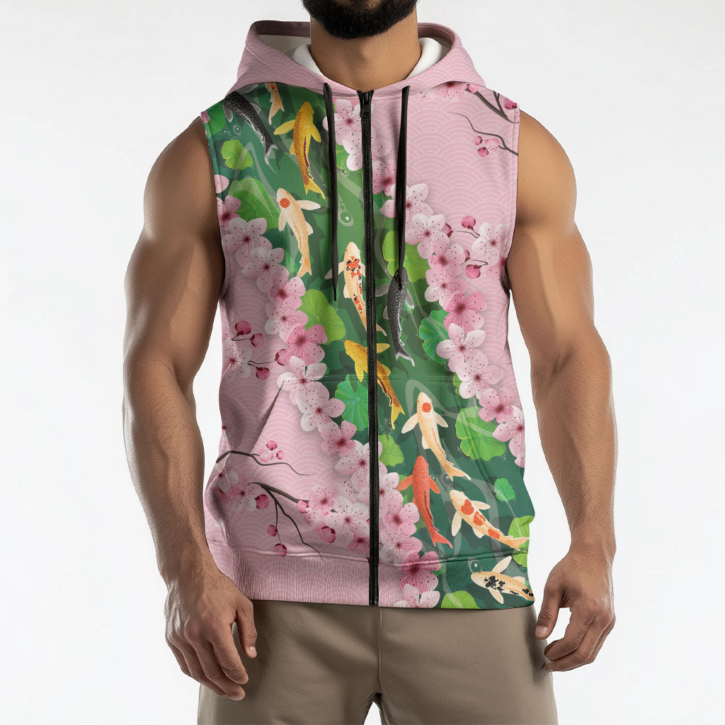 Koi Fish Sakura Japan Sleeveless Zip Hoodie Eternal Flow Cherry Blossom Seigaiha Pattern