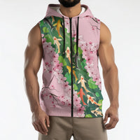 Koi Fish Sakura Japan Sleeveless Zip Hoodie Eternal Flow Cherry Blossom Seigaiha Pattern