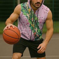 Koi Fish Sakura Japan Sleeveless Zip Hoodie Eternal Flow Cherry Blossom Seigaiha Pattern