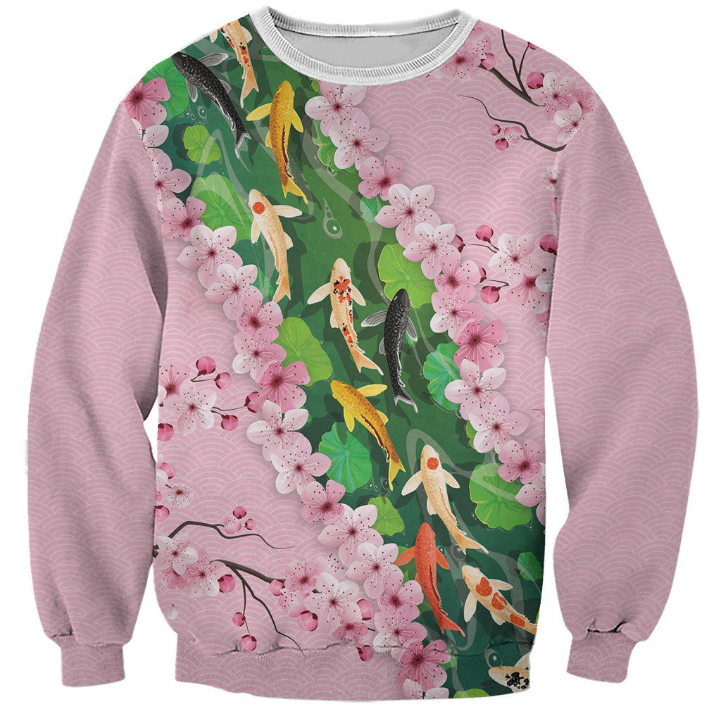 Koi Fish Sakura Japan Sweatshirt Eternal Flow Cherry Blossom Seigaiha Pattern
