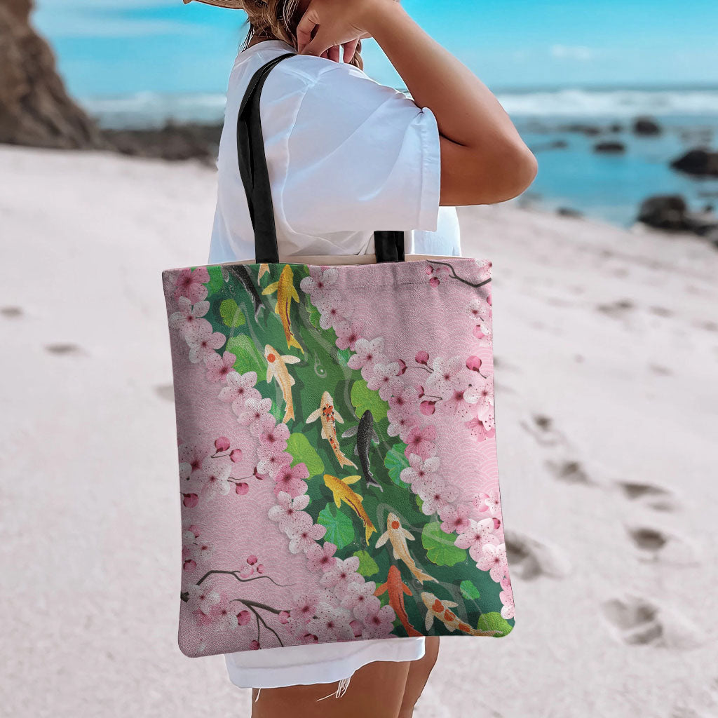 Koi Fish Sakura Japan Tote Bag Eternal Flow Cherry Blossom Seigaiha Pattern