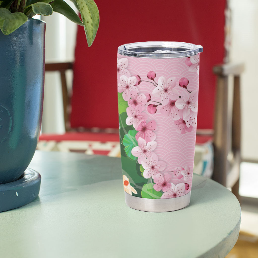 Koi Fish Sakura Japan Tumbler Cup Eternal Flow Cherry Blossom Seigaiha Pattern